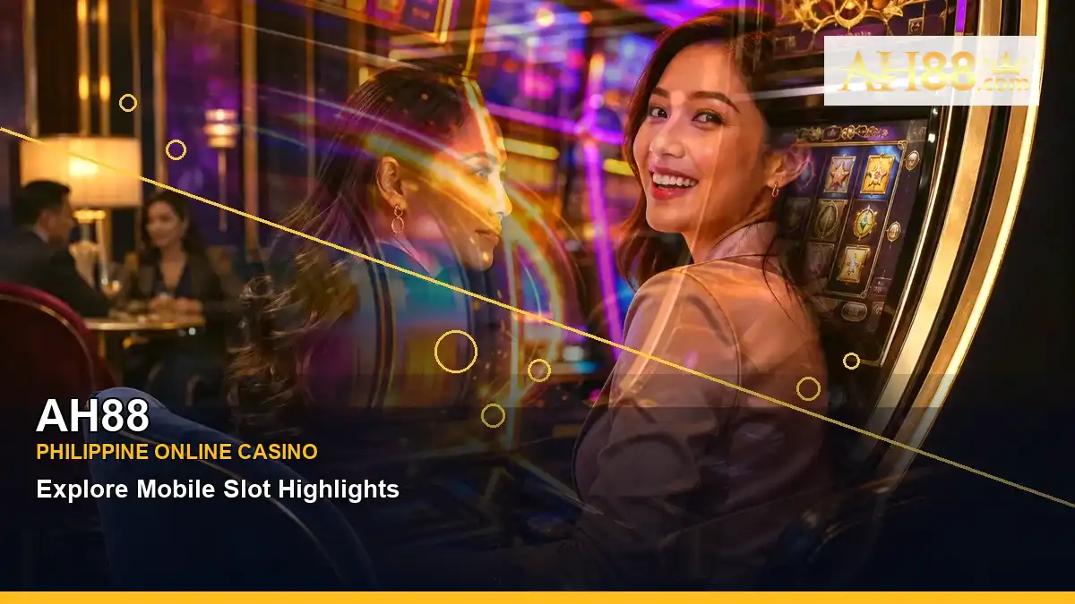 AH88 coins casino cashback rewards featuring an adult Filipina casino host with a layered collage composition — view 2