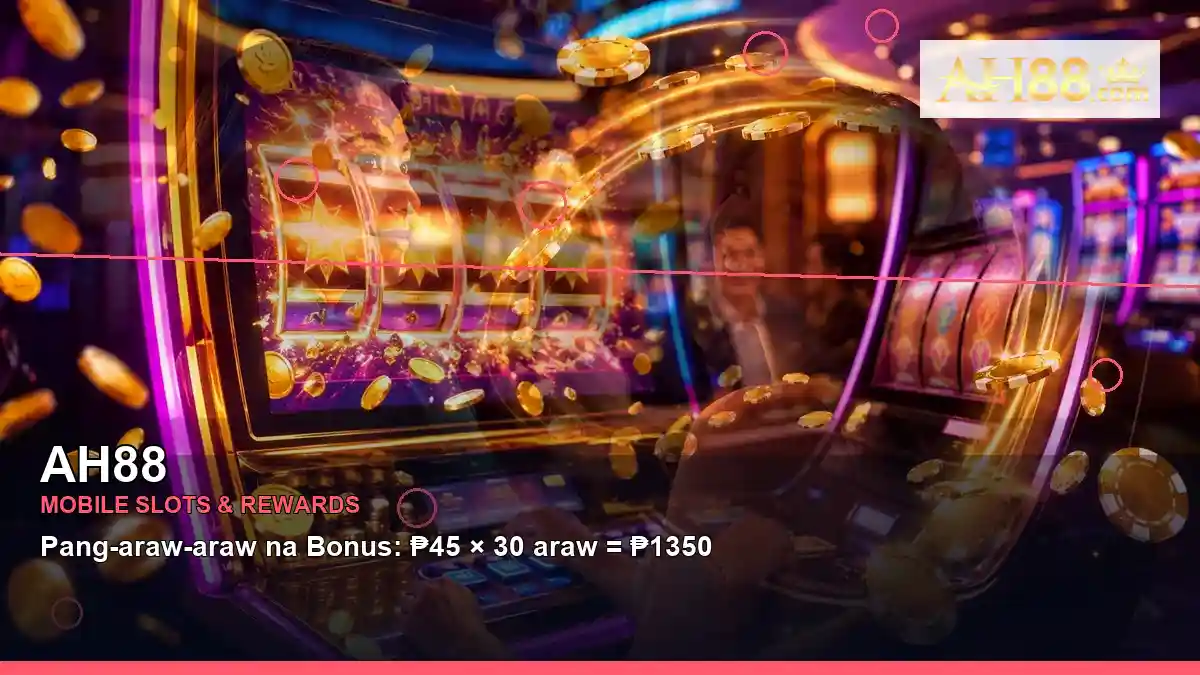 AH88 fruit reels online slot games featuring an adult Filipina casino host with a layered collage composition